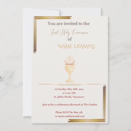 金ゴールドモダンファースト聖餐式招待状 招待状 (正面)