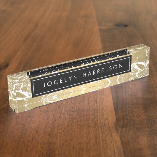 金ゴールドモダンフラワーブラックサークル机用ネームプレート デスクネームプレート (側面)