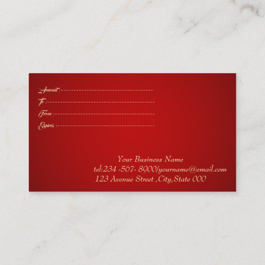 金ゴールドモダンフレーム、紙吹雪赤エレガント 割引カード (裏面)