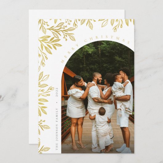 金ゴールドモダンフローラアーチファミリーフォトホリデーカード シーズンカード (正面/裏面)