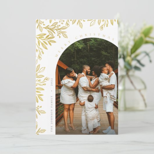 金ゴールドモダンフローラアーチファミリーフォトホリデーカード シーズンカード (スタンド正面)