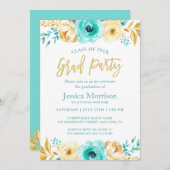 金ゴールドモダンフローラガーリー卒業パーティーの写真 招待状 (正面/裏面)