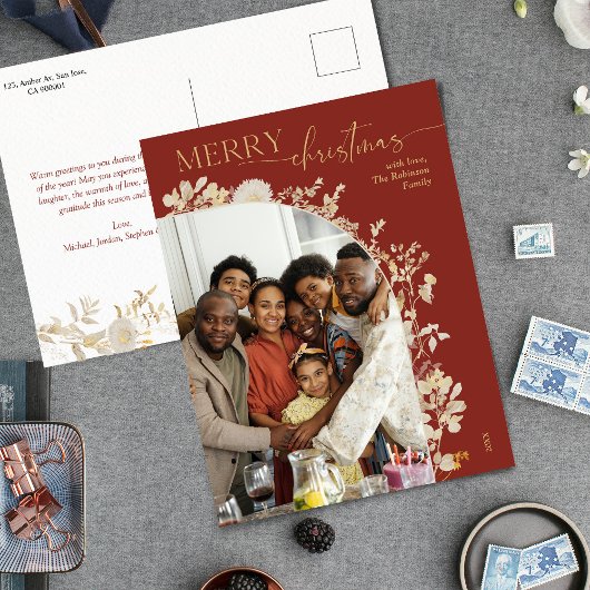 金ゴールドモダンフローラクラシックレッドクリスマスハガキ シーズンポストカード