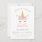 金ゴールドモダンフローラマジカルユニコーン誕生日パーティー 招待状 (正面)