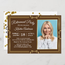 金ゴールドモダンブラウン写真退職パーティー 招待状