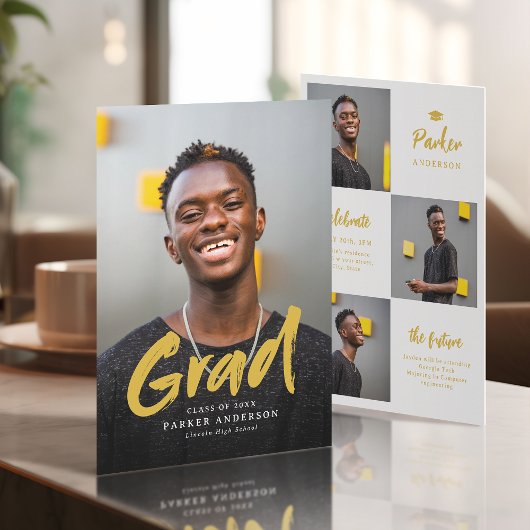 金ゴールドモダンブラシスクリプト写真卒業 招待状