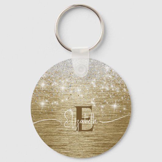 金ゴールドモダンブラシ仕上げ金属銀グリッターモノグラム キーホルダー (裏面)