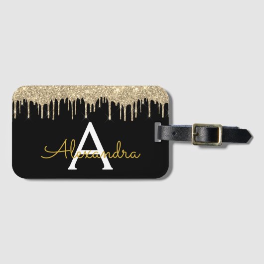 金ゴールドモダンブラックグリッタースパークルモノグラム ラゲッジタグ (正面横)