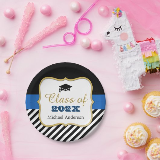 金ゴールドモダンブラックストライプズ卒業のお願い ペーパープレート (パーティー)