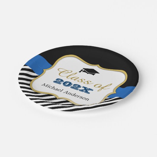 金ゴールドモダンブラックストライプズ卒業のお願い ペーパープレート (アングル)