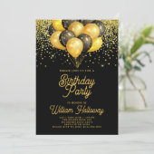 金ゴールドモダンブラックバルーン誕生日パーティー 招待状 (スタンド正面)