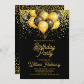 金ゴールドモダンブラックバルーン誕生日パーティー 招待状 (正面/裏面)