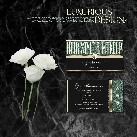 金ゴールドモダンブラックフォレストグリーングリッターダイヤモンド 名刺