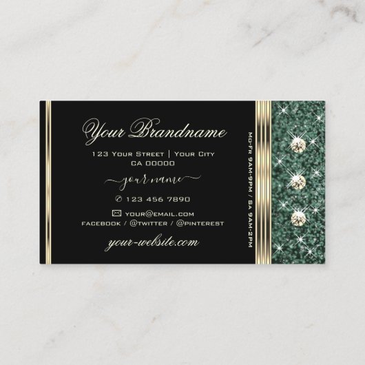 金ゴールドモダンブラックフォレストグリーングリッターダイヤモンド 名刺 (裏面)