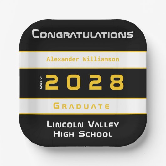 金ゴールドモダンブラック卒業パーティー ペーパープレート (正面)