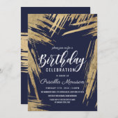 金ゴールドモダンブラッシュストロークネイビーブルーシック誕生日 招待状 (正面/裏面)