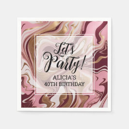 金ゴールドモダンブルゴーニュピンクマーブルフュール誕生日 スタンダードカクテルナプキン
