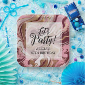 金ゴールドモダンブルゴーニュピンクマーブルフュール誕生日 ペーパープレート (パーティー)