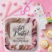 金ゴールドモダンブルゴーニュピンクマーブルフュール誕生日 ペーパープレート (パーティー)