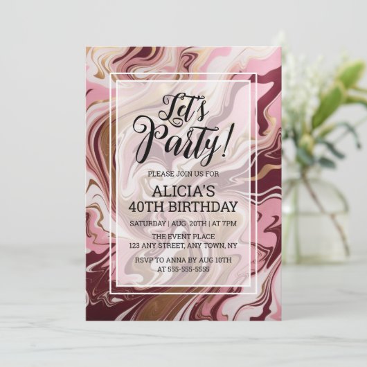 金ゴールドモダンブルゴーニュピンクマーブルフュール誕生日 招待状 (スタンド正面)