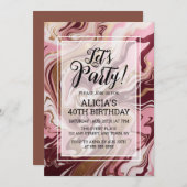 金ゴールドモダンブルゴーニュピンクマーブルフュール誕生日 招待状 (正面/裏面)