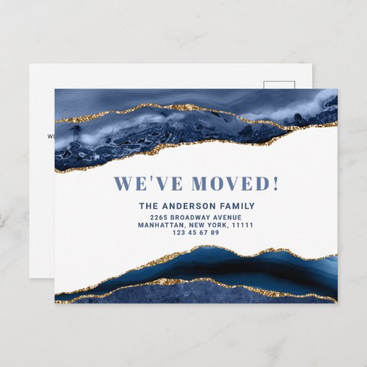 金ゴールドモダンブルーアゲート大理石動きアナウンスメント ポストカード (正面/裏面)
