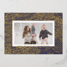 金ゴールドモダンブルーホワイトクリスマスフレーム写真ハッピー 箔シーズンカード