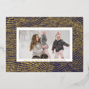 金ゴールドモダンブルーホワイトクリスマスフレーム写真ハッピー 箔シーズンカード