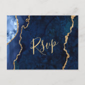 金ゴールドモダンブルーマーブルアゲートウェディングRSVP ポストカード (正面)