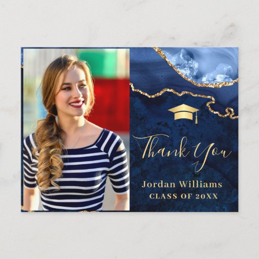 金ゴールドモダンブルーマーブルアゲート卒業ありがとう ポストカード (正面)