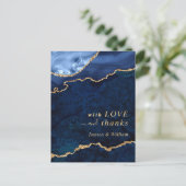 金ゴールドモダンブルーマーブルアゲ結婚ートサンキューポー ポストカード (スタンド正面)