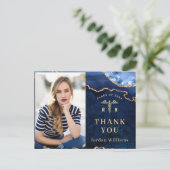 金ゴールドモダンブルーマーブルRN卒業ありがとう ポストカード (スタンド正面)