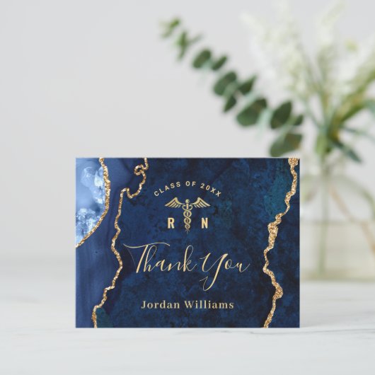 金ゴールドモダンブルーマーブルRN卒業ありがとう ポストカード (スタンド正面)