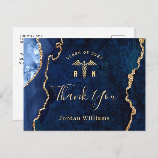金ゴールドモダンブルーマーブルRN卒業ありがとう ポストカード (正面/裏面)