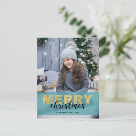 金ゴールドモダンブルーメリークリスマスフォト – はがき シーズンポストカード (スタンド正面)