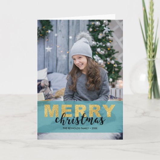金ゴールドモダンブルーメリークリスマス – フォトカード シーズンカード (正面)