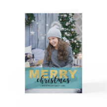 金ゴールドモダンブルーメリークリスマス – フォトカード