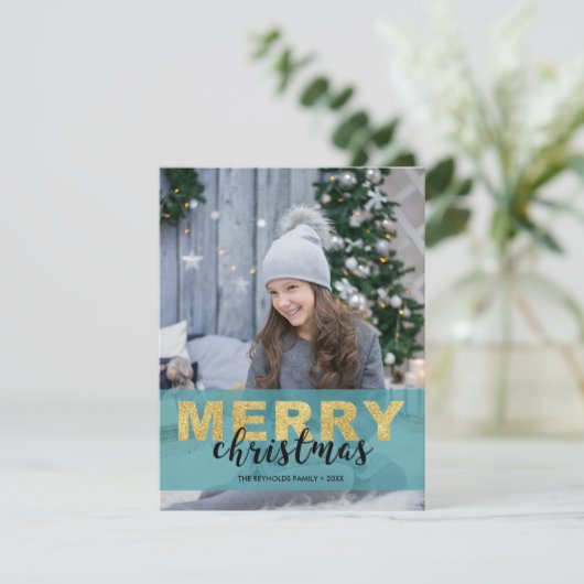 金ゴールドモダンブルーメリークリスマス – フォトカード シーズンカード (スタンド正面)