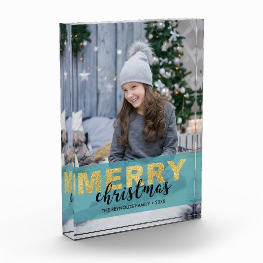 金ゴールドモダンブルーメリークリスマス – フォトブロック (左)