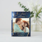 金ゴールドモダンブルー大理石ゲートPHOTO日付を保存 ポストカード (スタンド正面)