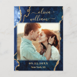 金ゴールドモダンブルー大理石ゲートPHOTO日付を保存 ポストカード