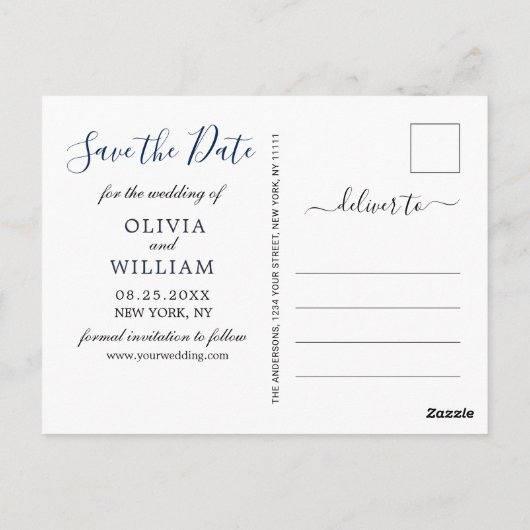 金ゴールドモダンブルー大理石ゲートPHOTO日付を保存 ポストカード (裏面)