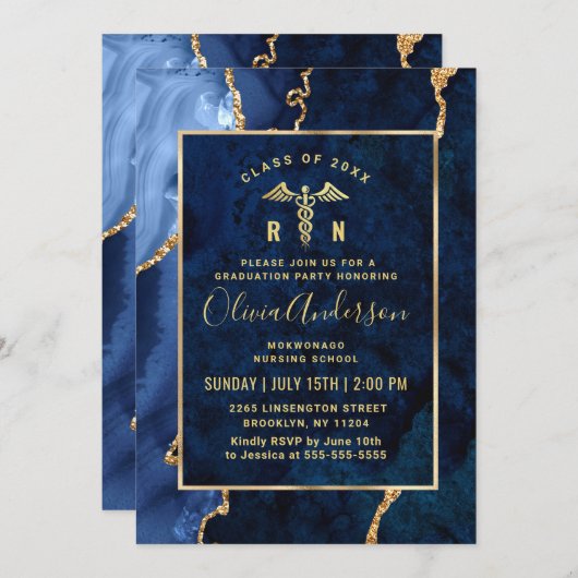 金ゴールドモダンブルー看護学校卒業党 招待状 (正面/裏面)