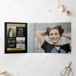 金ゴールドモダンブロック5 – 写真の卒業 三つ折り招待状