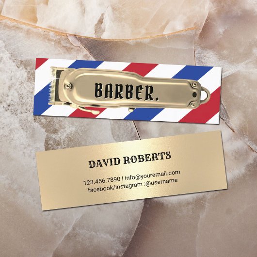 金ゴールドモダンヘアークリッパー理容師ショップストライプズ スキニー名刺