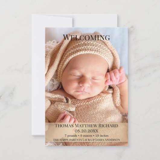 金ゴールドモダンベビー誕生写真アナウンスメントカード サンキューカード (正面)