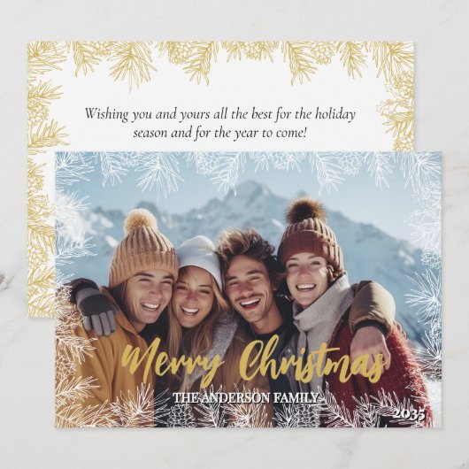 金ゴールドモダンホイエレガントトファミリー写真クリスマス シーズンカード (正面/裏面)