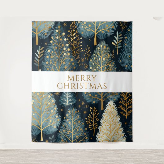 金ゴールドモダンホリデーフォレストメリークリスマス タペストリー (正面)