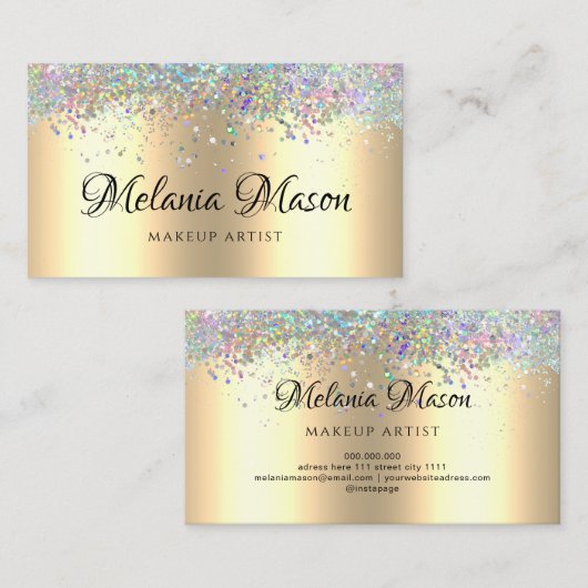金ゴールドモダンホログラフィーグリッターメイクアップアーティスト 名刺 (正面/裏面)