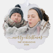 金ゴールドモダンホワイトスクリプト2カップル写真クリスマス オーナメントカード (裏面)